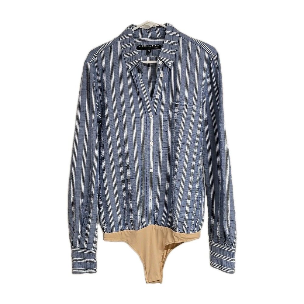 Veronica Beard Navy and White Striped Bodysuit